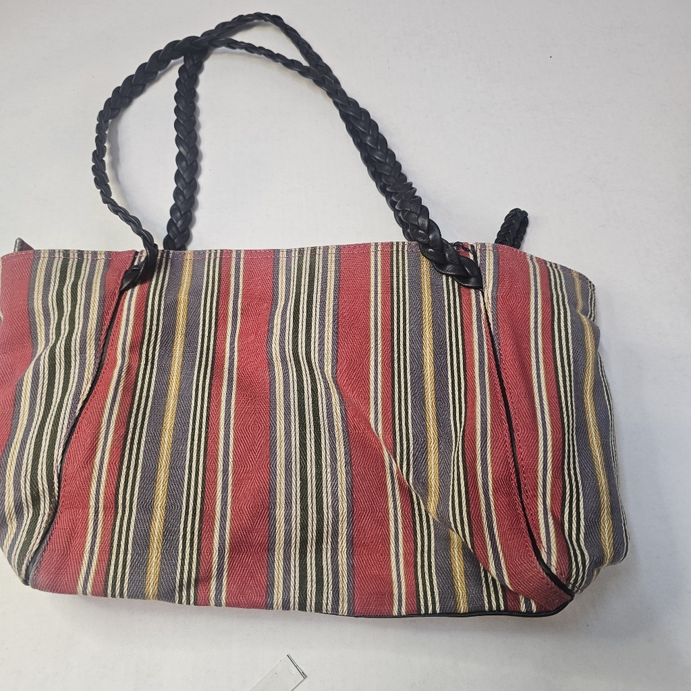 MULTICOLORED STRIPED SAK PURSE CASUAL PREPPY WITH ZIPPER TOP DOUBLE HANDLES